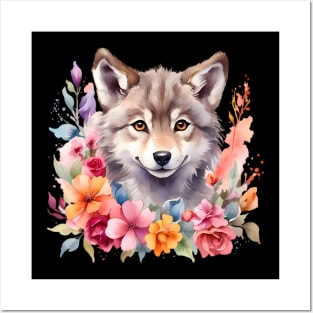 A wolf decorated with beautiful watercolor flowers Posters and Art